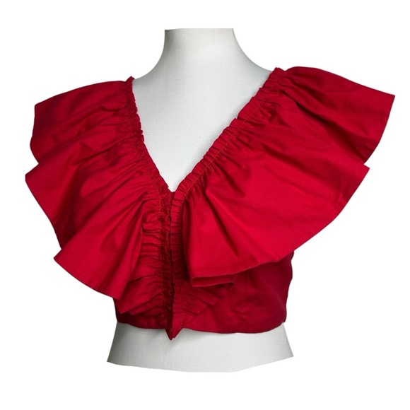 Iorane Top Red Ruffles Crop Flutter Sleeve Coquette Resort Vacation Blouse - Picture 2 of 11